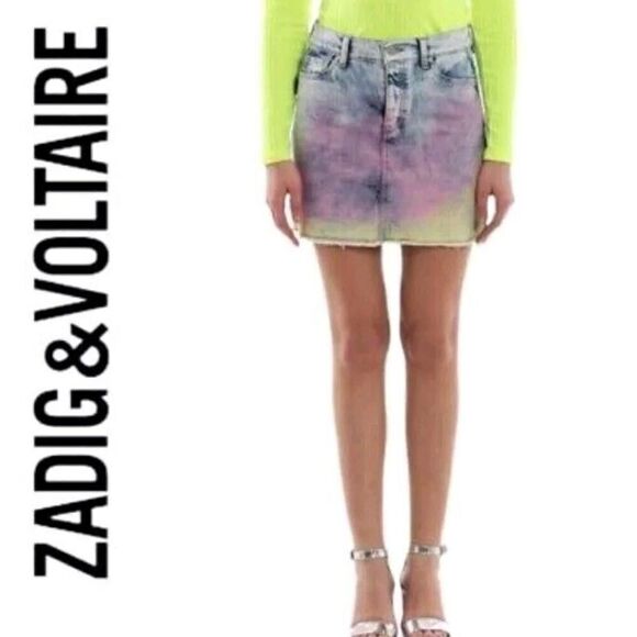 Zadig & Voltaire Juicy Tie Dye Rainbow Ombre High Rise Denim Mini Skirt Sz 38 - Picture 1 of 11